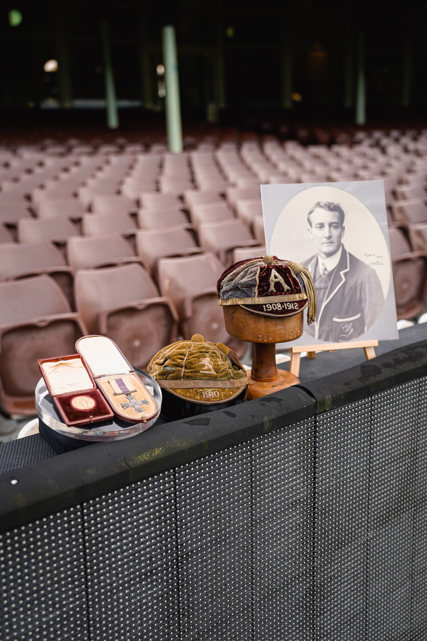A collection of Tom Richards' honours: (L-R): 1908 Olympic gold medal, Victoria Cross, 1910 Lions cap, Wallabies cap (1908-1912)