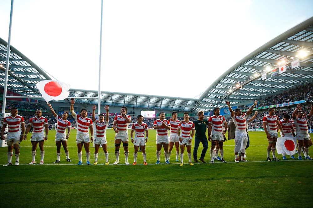 Japan celebrate their historic win over the Springboks. Photo: Getty Images.