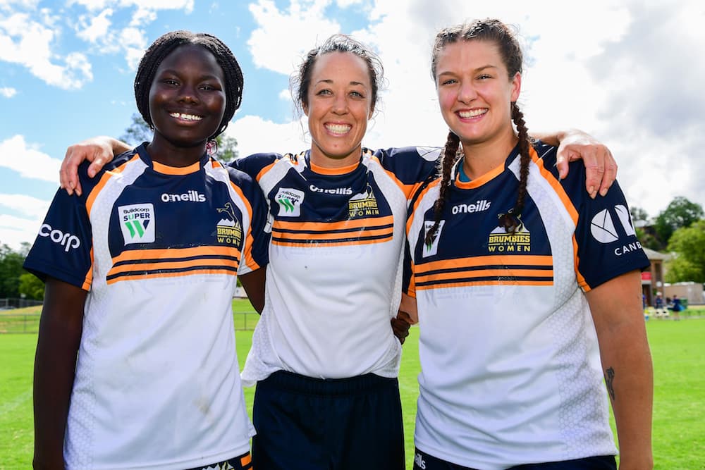 Biola Dawa, Michelle Perry and Harriet Elleman of the Brumbies. Photo: Stuart Walmsley/Rugby AU Media