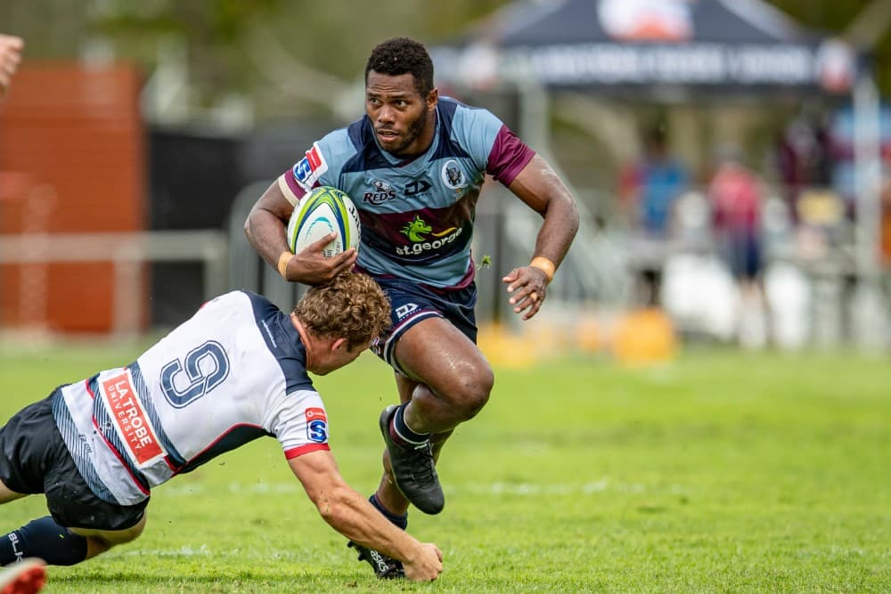 Reds winger Filipo Daugunu has been suspended for five weeks for a tip tackle in Queensland's trial against the Rebels. Photo: QRU Media/Brendan Hertel