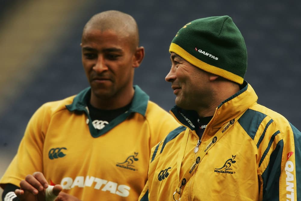 Ex-Wallabies head coach Eddie Jones in 2004 with Wallabies legend George Gregan. Photo: Getty Images.  