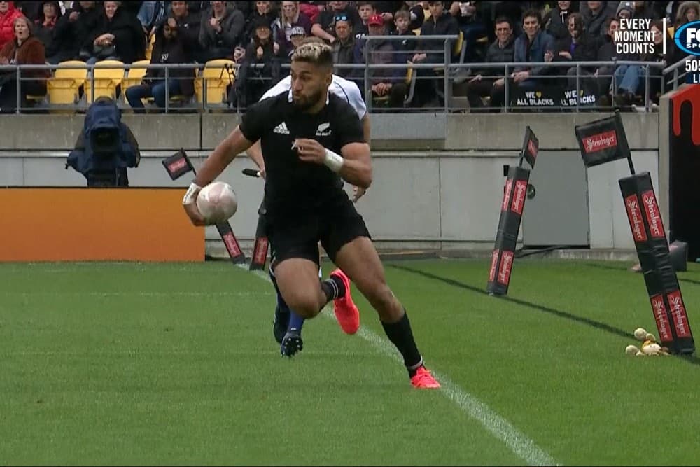 Jordie Barrett scored just moments after teammate Rieko Ioane put a foot into touch. Photo: Getty Images