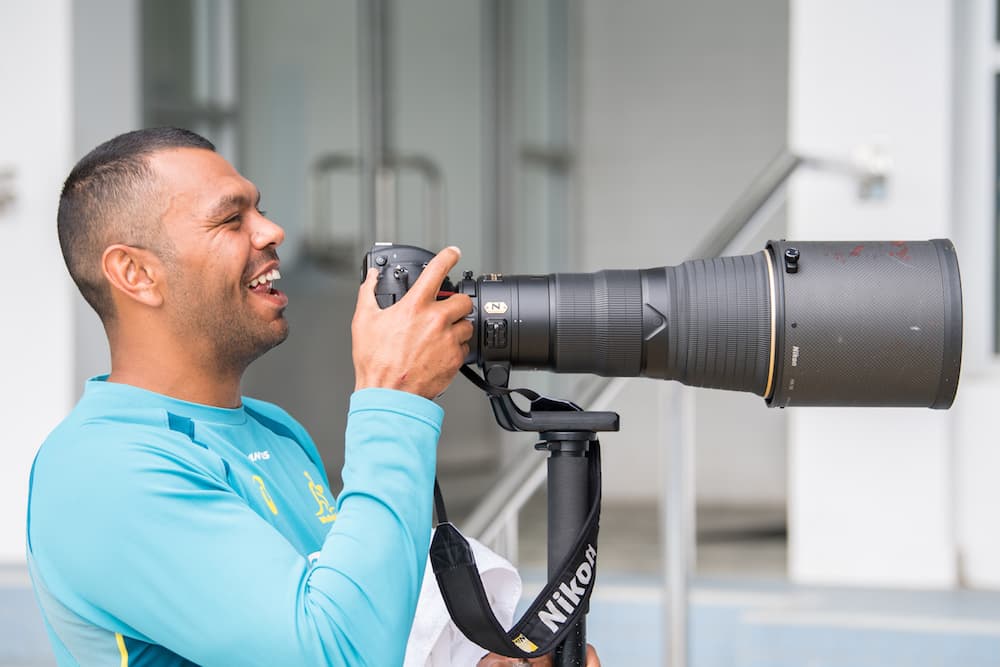 Kurtley Beale hones his photography skills before Sunday recovery at Beatty Park Leisure Centre. Photo: RUGBY.com.au/Stuart Walmsley
