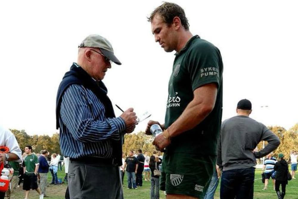 Terry Smith interviewing Rocky Elsom after a Randwick match. Photo: Brett Dooley