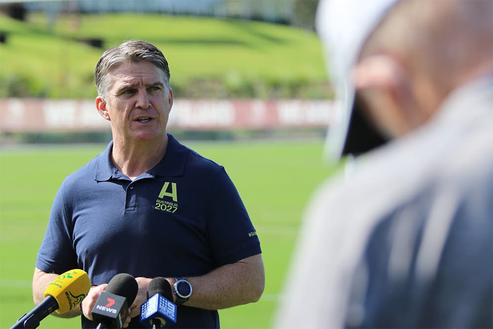 Classic Wallaby Tim Horan speaks to media ahead of Wallabies v France. Photo: Tom Kennedy/Rugby Australia