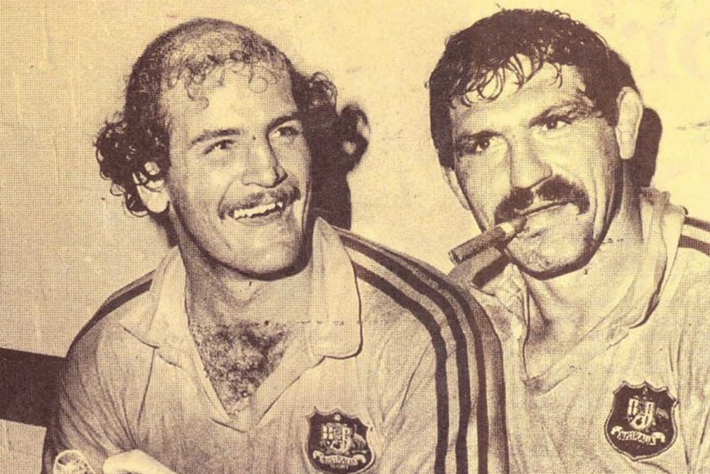 Tony Shaw and Stan Pilecki celebrate a Wallabies win. Photo: Supplied