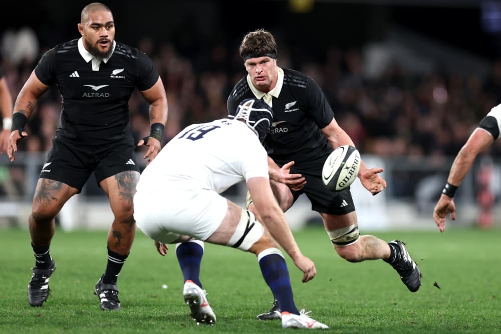 All Blacks captain Scott Barrett is in doubt with a finger injury. Photo: Getty Images