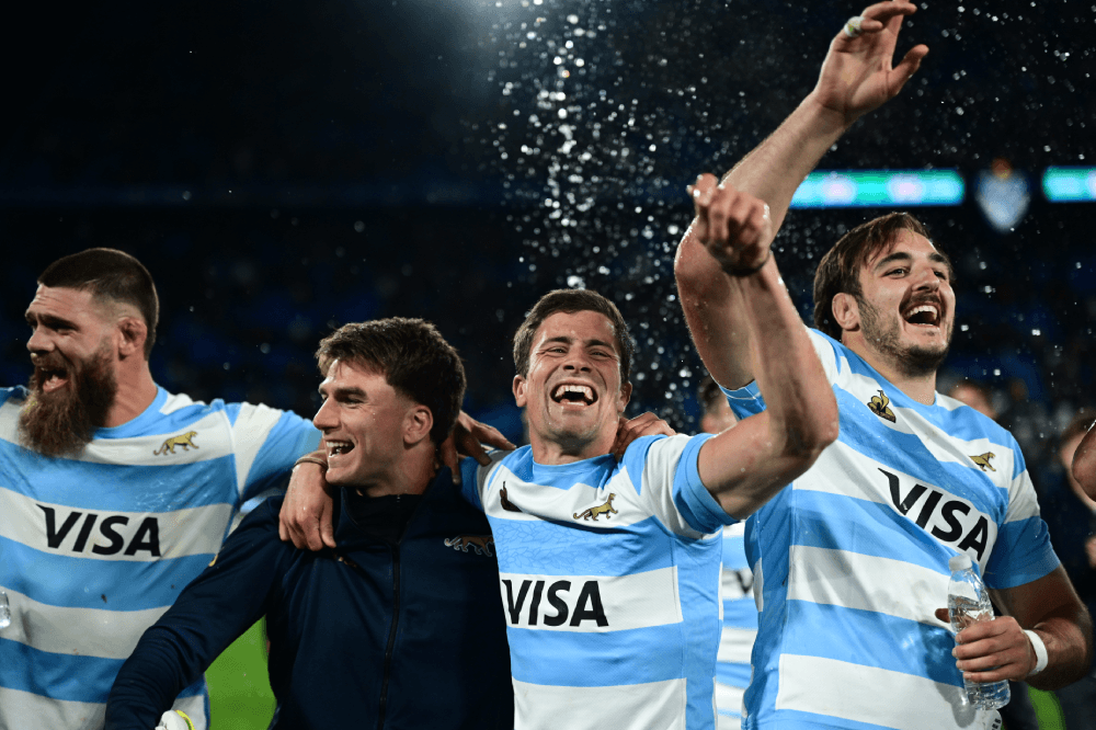 Marcos Kremer, Bautista Delguy and Pedro Rubiolo celebrate a historic win over the All Blacks. Source: Getty