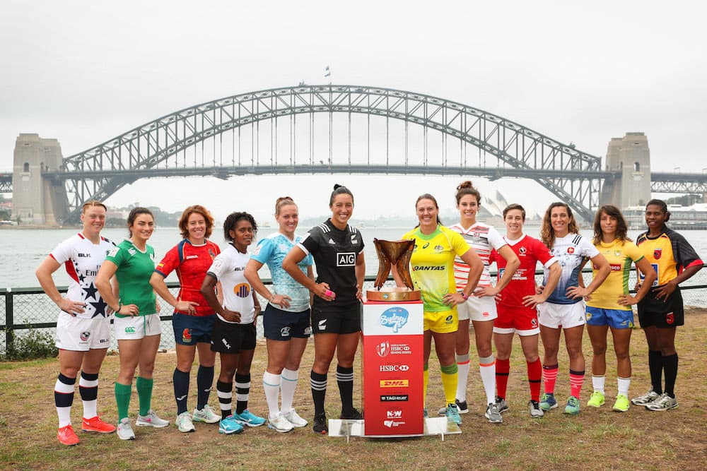 Eyes on the prize. Sevens captains pose with the trophy. Photo: Getty Images.