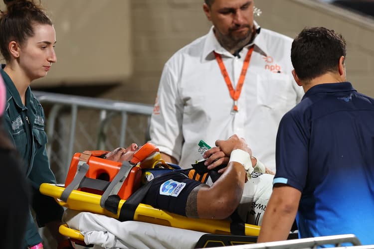 Noah Lolesio of the Brumbies is stretchered from the field during the round 13 Super Rugby Pacific match between the Western Force and ACT Brumbies at HBF Park. Picture: Getty
