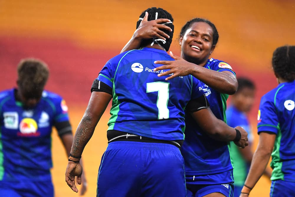 Joma Rubuti of the Fijian Drua is congratulated by team mates after scoring a try during the round six Super W match between the Fijian Drua and the ACT Brumbies at Suncorp Stadium. Photo: Getty Images