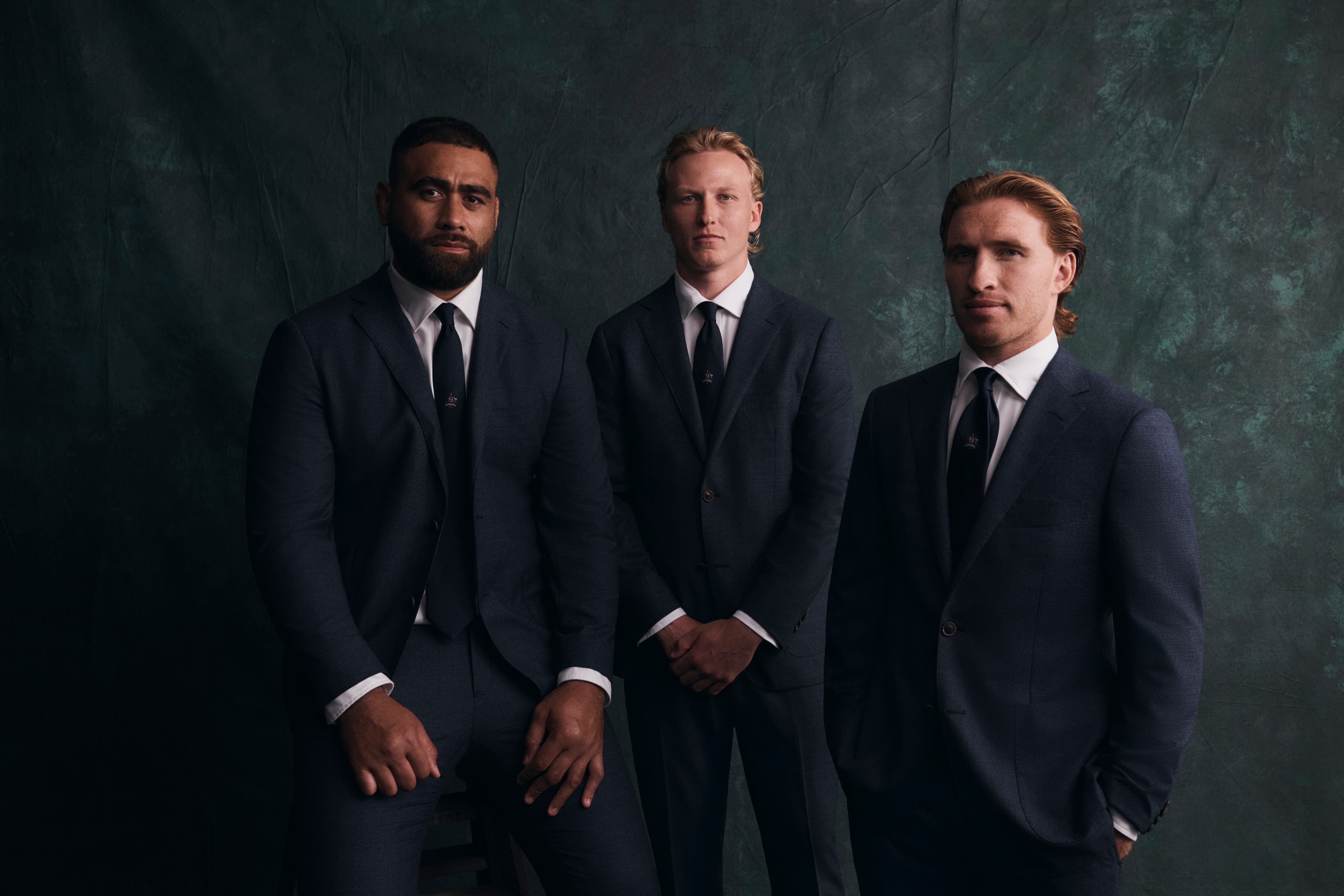 Lukhan Salakaia-Loto, Carter Gordon and Tate McDermott looking sharp in MJ Bale. Photo: Supplied