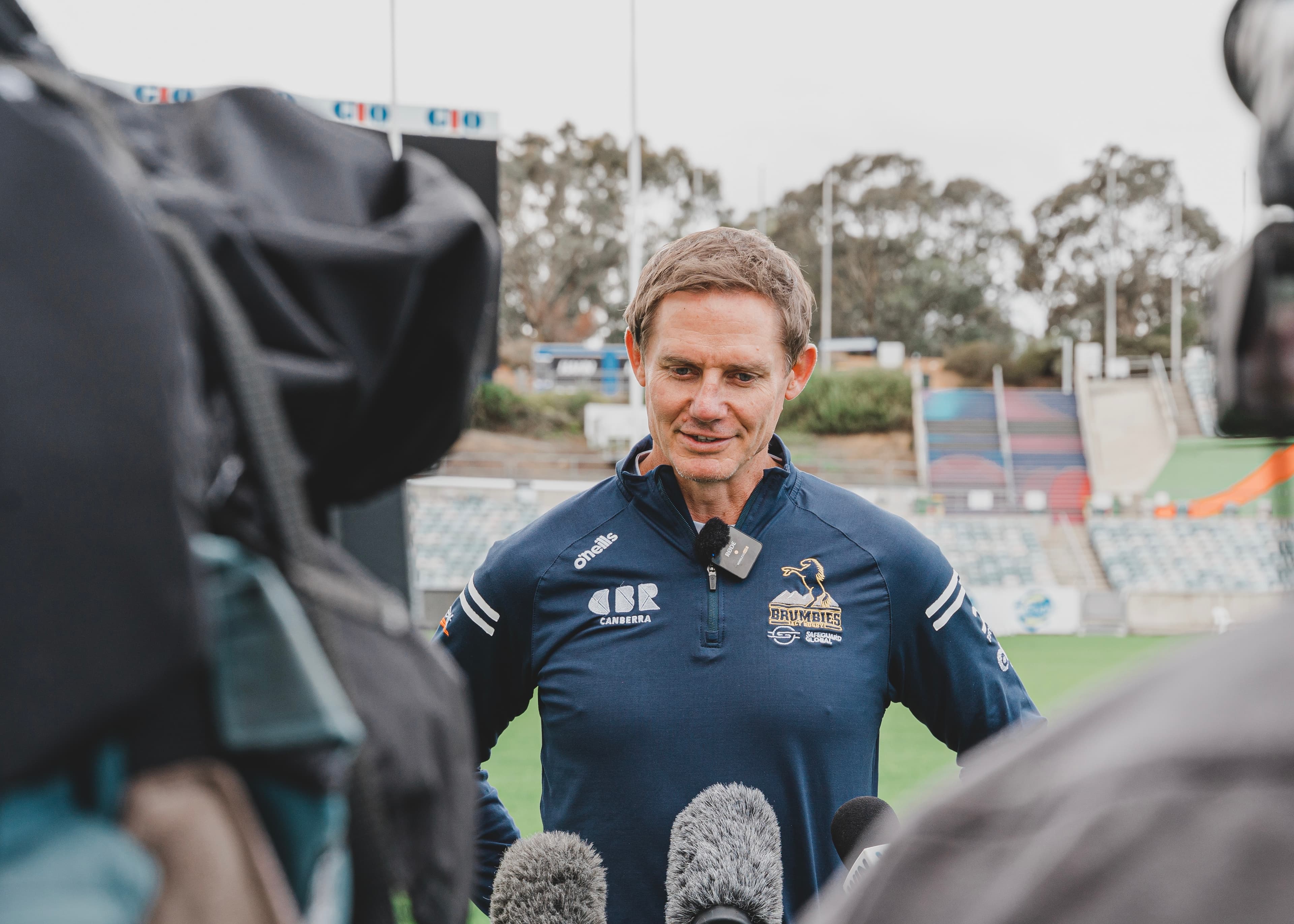 Stephen Larkham at joint press conference with the Raiders.