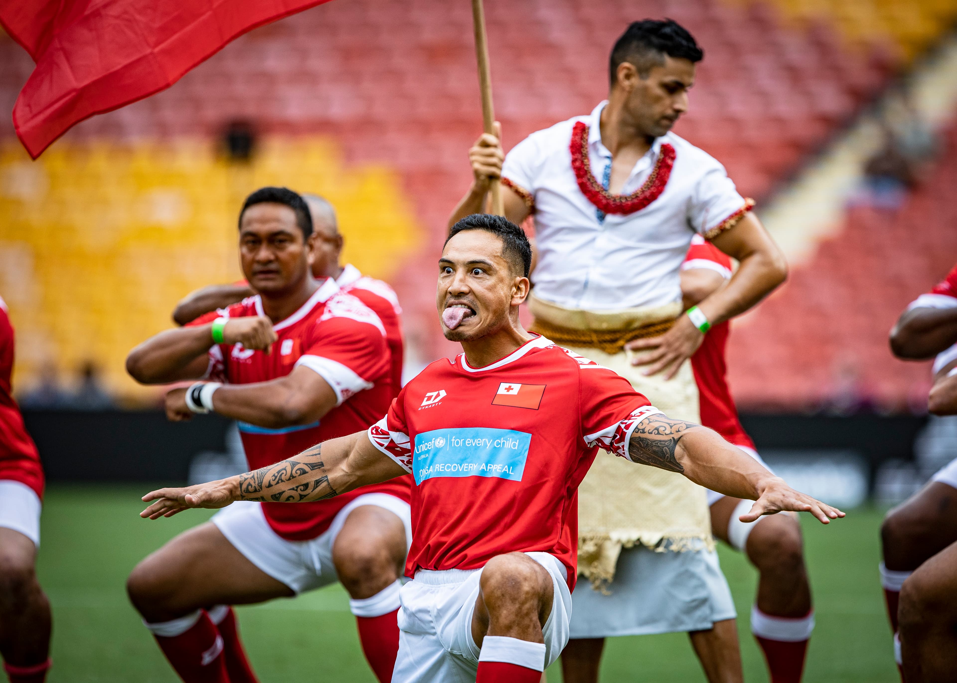 Former All Black Hosea Gear putting everything into the Maori element of the Pacific United "Sipi Tau" before kick-off at Suncorp Stadium. Photo: Brendan Hertel, QRU Media