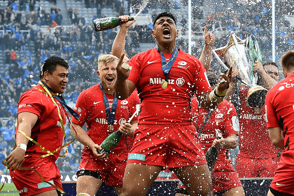 Will Skelton celebrates a Champions Cup win with Saracens. Photo: AFP