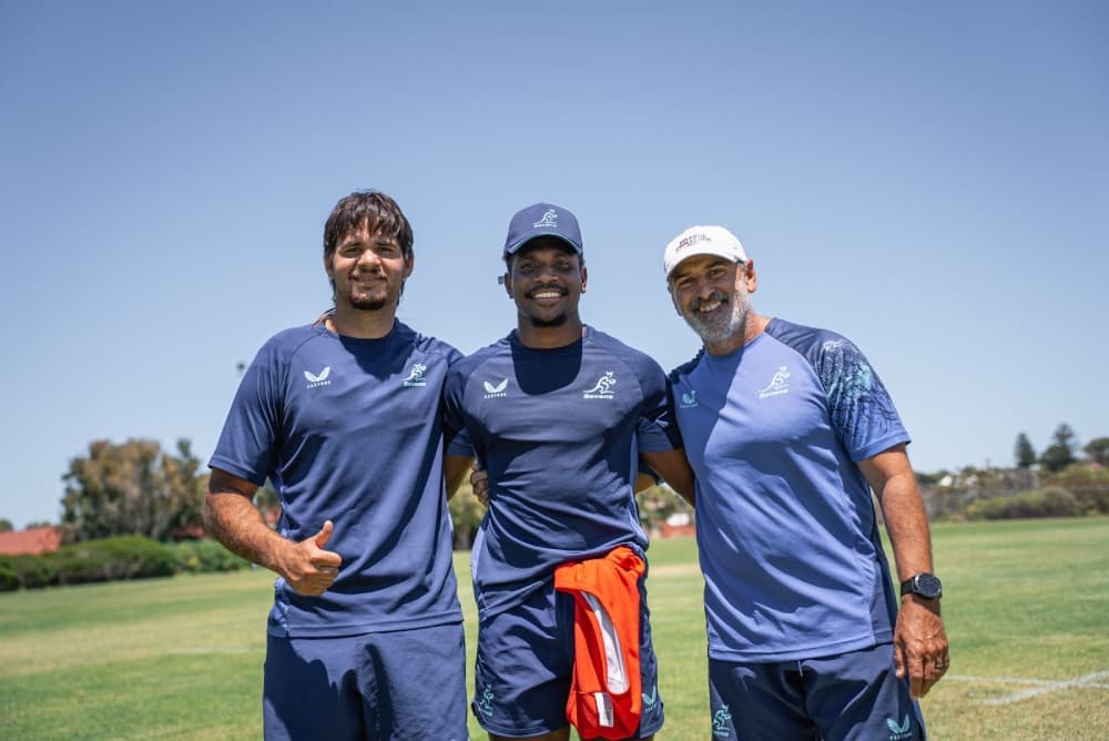 (L-R): Jarrah McLeod, Wallace Charlie and Rugby Australia’s First Nations Rugby Manager, Mathew Sonter, in Perth as McLeod made his debut for Australia. Photo Supplied