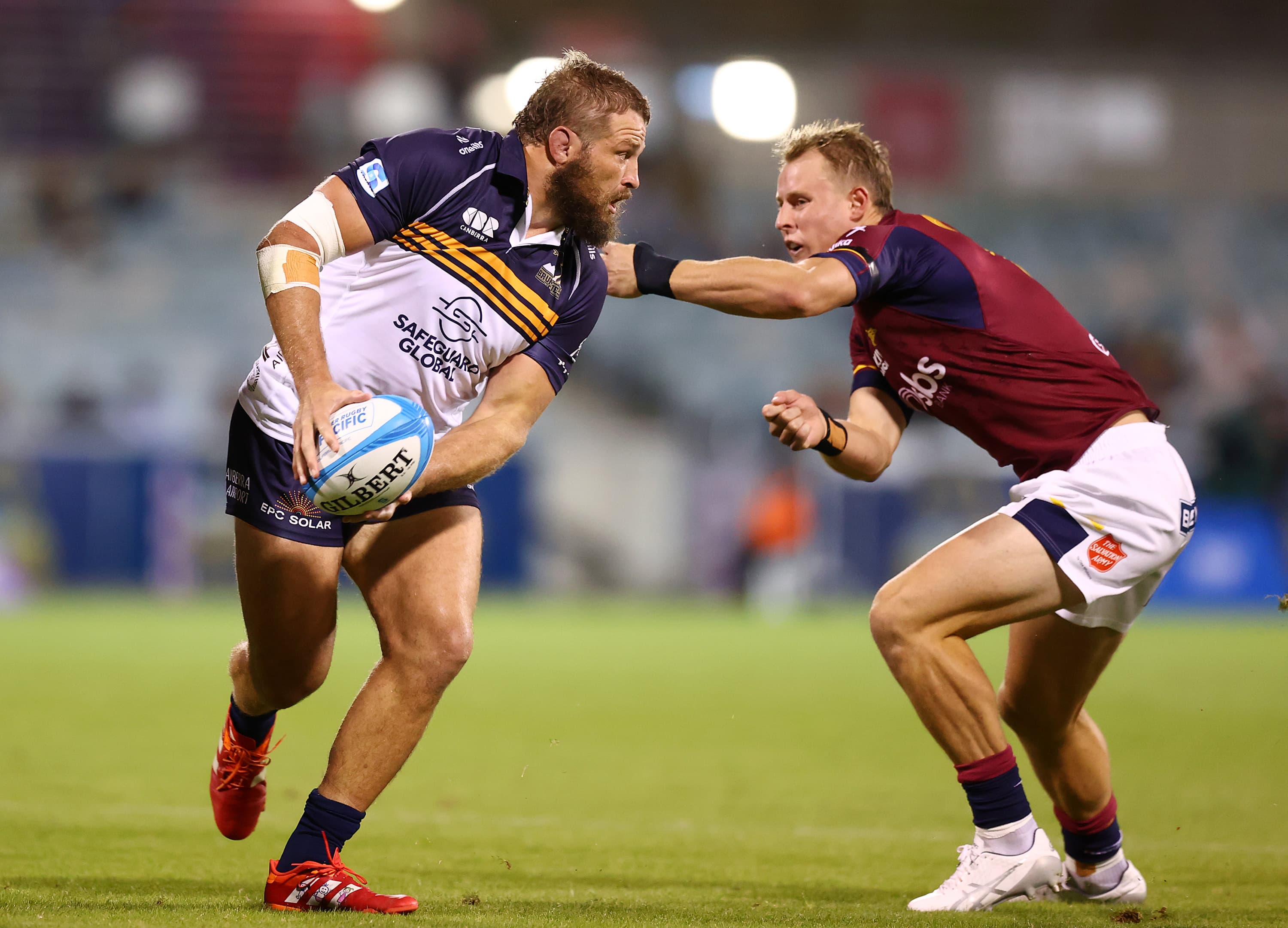 James Slipper (Brumbies) and Sam Gilbert (Highlanders) in action during Round 7 of SMARTECH Super Rugby Pacific. Picture: Getty