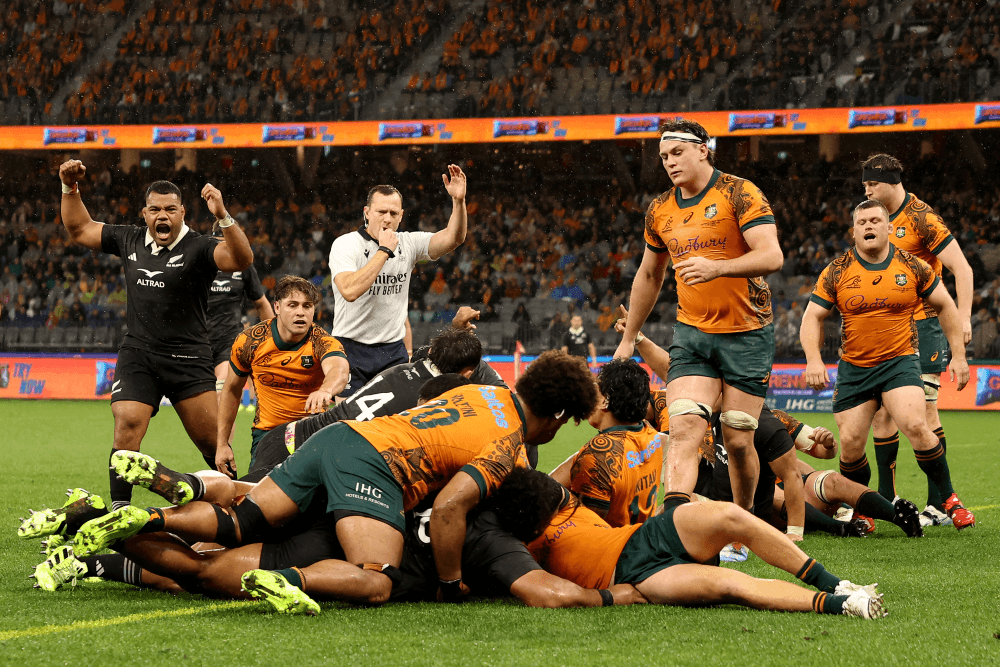 George Bower scores a critical bonus point try for the All Blacks. Source: Getty