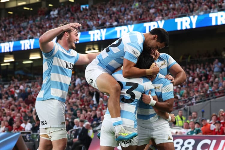 Argentina celebrate their historic 28-24 win over the British & Irish Lions. Photo: Getty Images