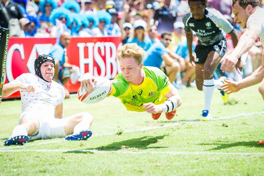 Henry Hutchison scores against England in Sydney. Photo: ARU Media/Stuart Warmsley