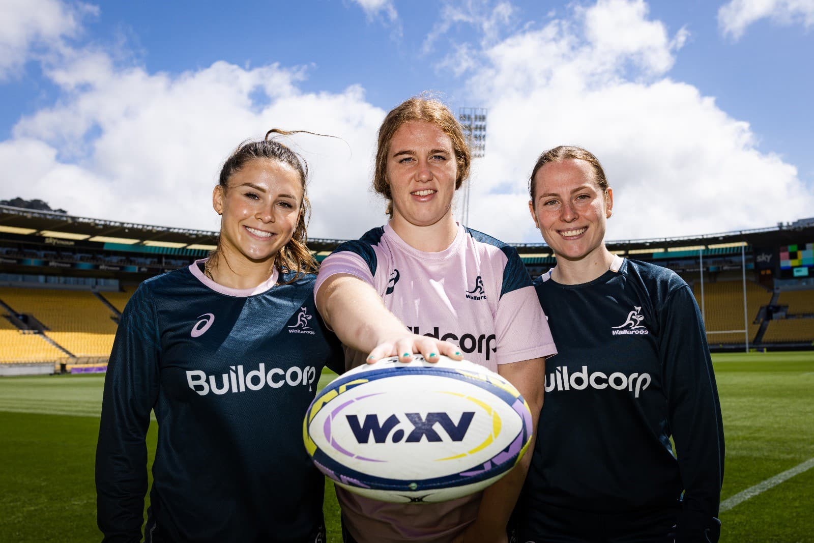 Wallaroos debutants Desiree Miller* (left), Brianna Hoy (centre) and Sarah Dougherty* (right) in Wellington. Picture: RA/Brendan Hertel