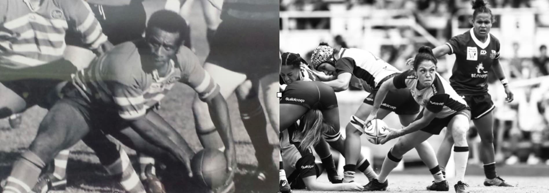 Playing halfback runs in the genes...former Fijian Test halfback Isimeli Batisbasaga playing for Redcliffe in the 1980s and daughter Iliseva preparing to pass for the NSW Waratahs.