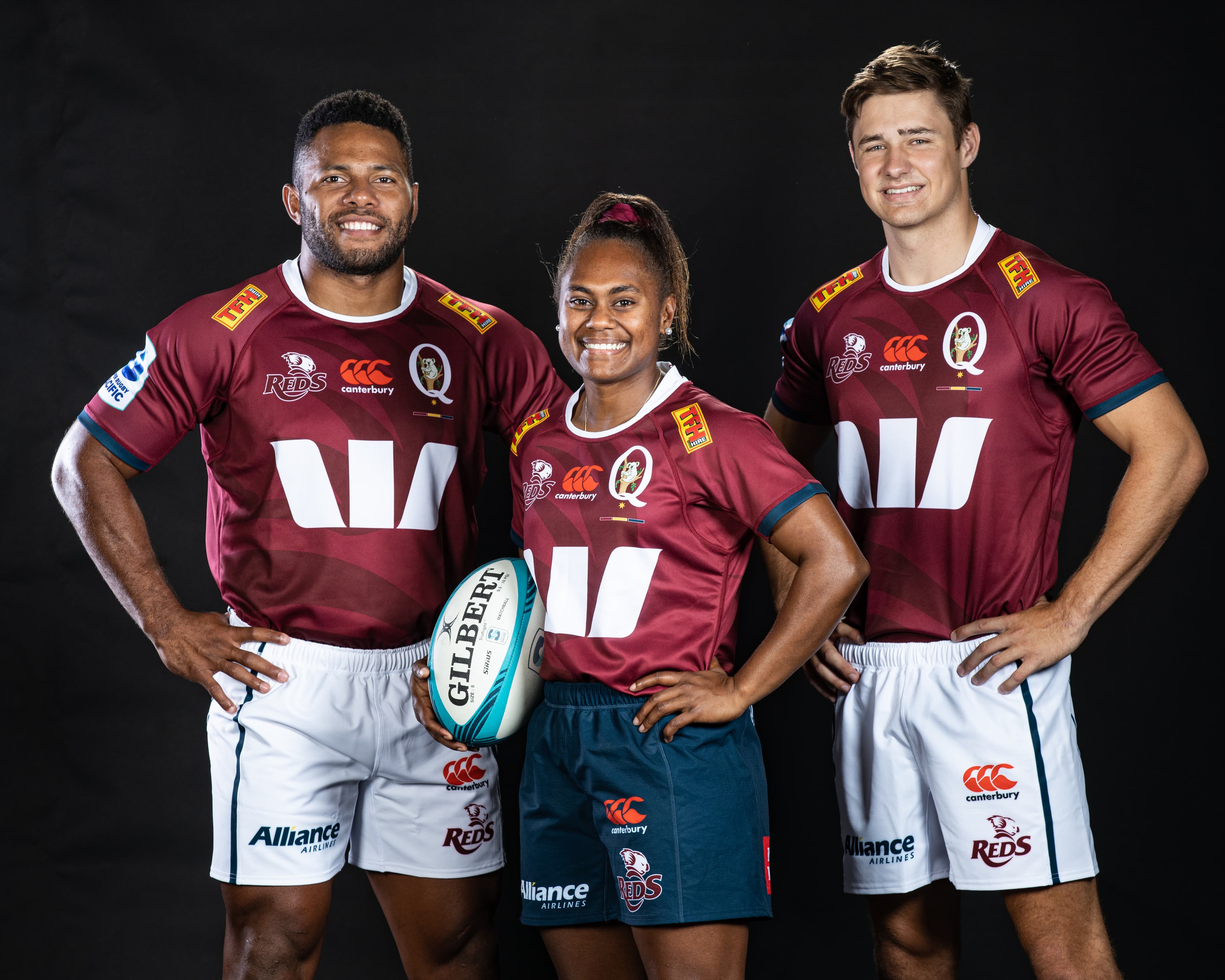 Filipo Daugunu, Ivania Wong and Josh Flook (from left) in the Queensland Reds' 2023 jerseys
