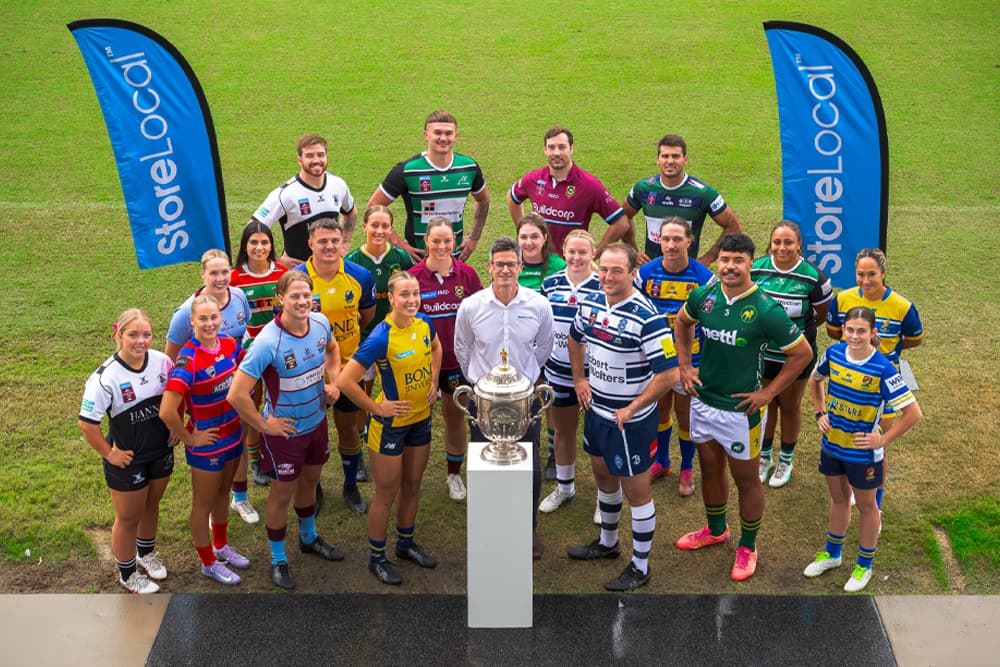 StoreLocal National Partnerships Manager Leigh Tovey with club representatives of the StoreLocal Challenge Cup and StoreLocal Hospital Cup at Ballymore