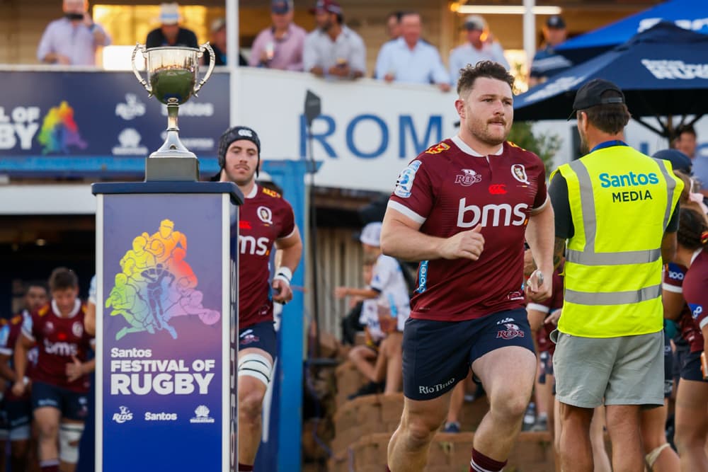 Reds skipper Matt Faessler leads the team out in Roma at the Santos Festival of Rugby