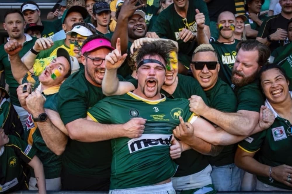 Raw emotion pours out...Harry Higgins with his grand final fan club in the stands. Photo: Brendan Hertel, QRU