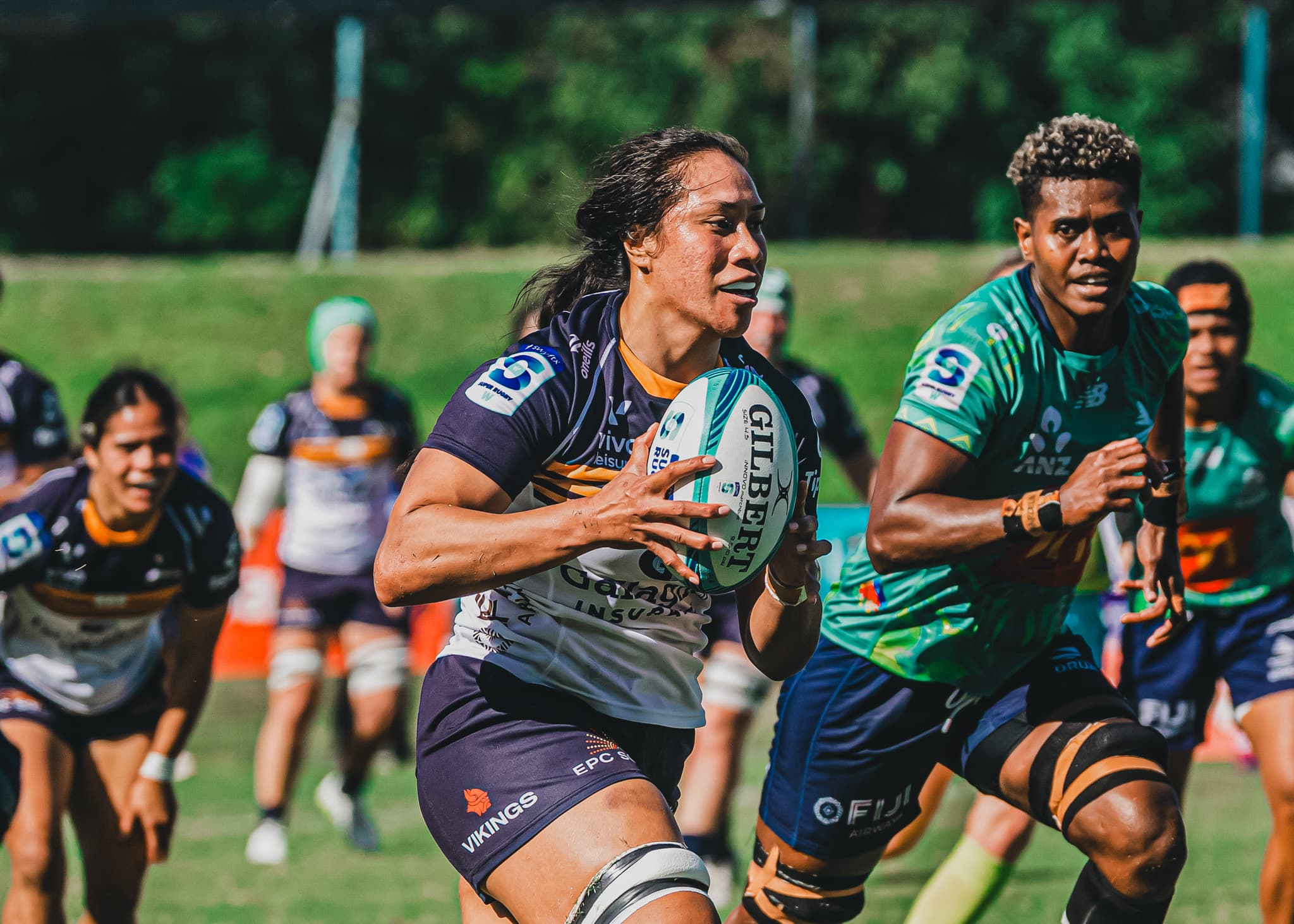 Captain of the ACT Brumbies Women's Team, Siokapesi Palu Sekona, in flight for the Brumbies 