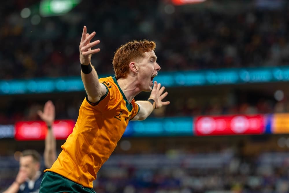 Sid Harvey celebrates his match winner against Fiji for bronze. Photo: World Rugby