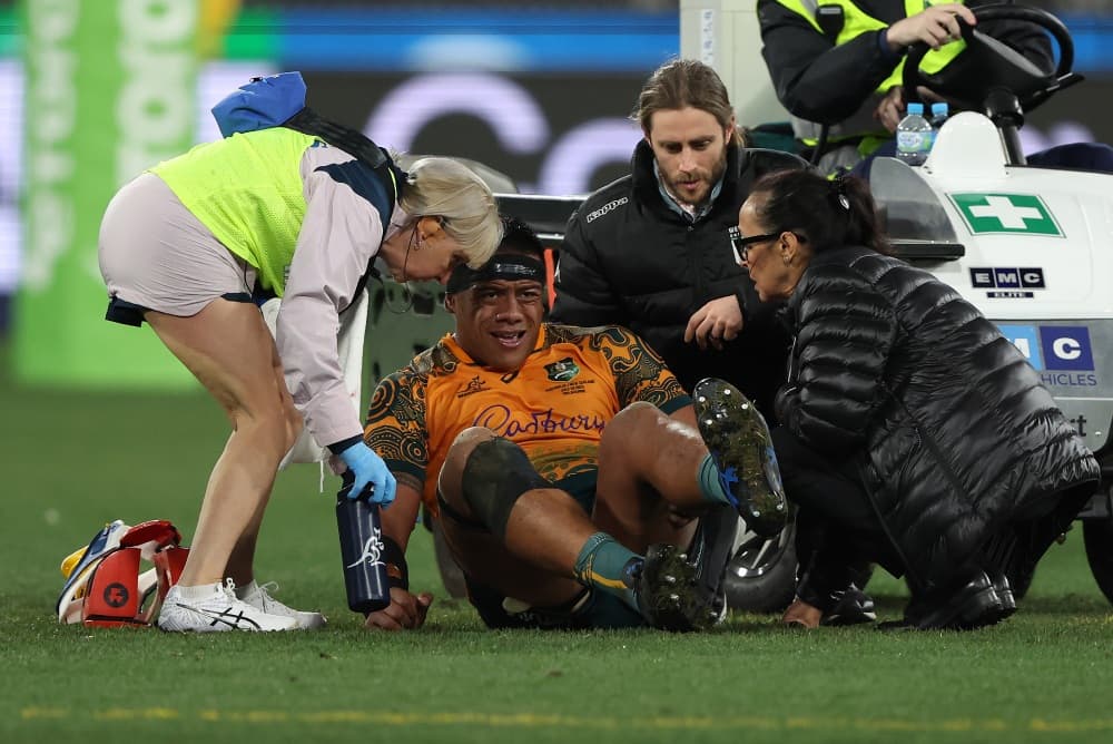 Allan Alaalatoa suffered a knee injury during the opening Bledisloe Cup. Photo: Getty Images