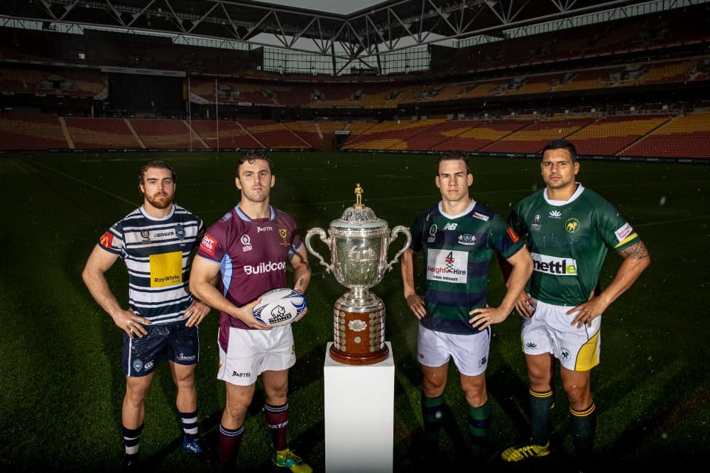 Suncorp Stadium decider...leading club figures (from left) Hudson Creighton (Brothers), Pat Morrey (UQ), Michael Richards (GPS) and Rob Puliuvea (Wests) first face sudden-death semi-finals to reach the grand final. Photo: Brendan Hertel, QRU