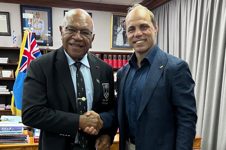 RA CEO Phil Waugh with Fijian Prime Minister Sitiveni Rabuka in Suva ahead of Wallaroos-Fijiana. Photo Supplied