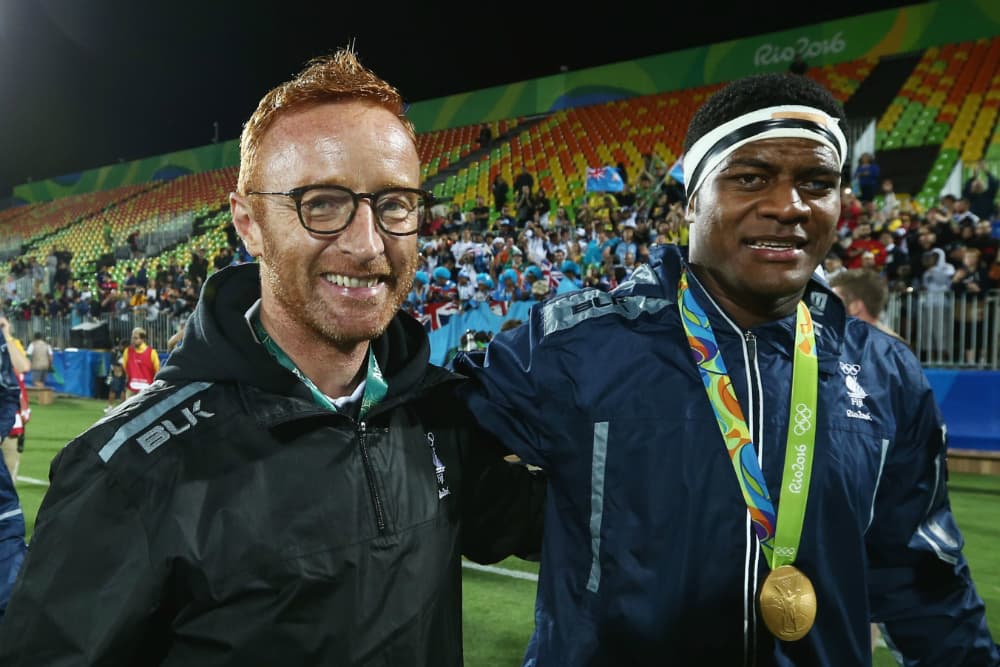 Ben Ryan and Ro Dakuwaqa of Fiji after winning a gold medal at the 2016 Rio Olympics. Photo: Getty Images.