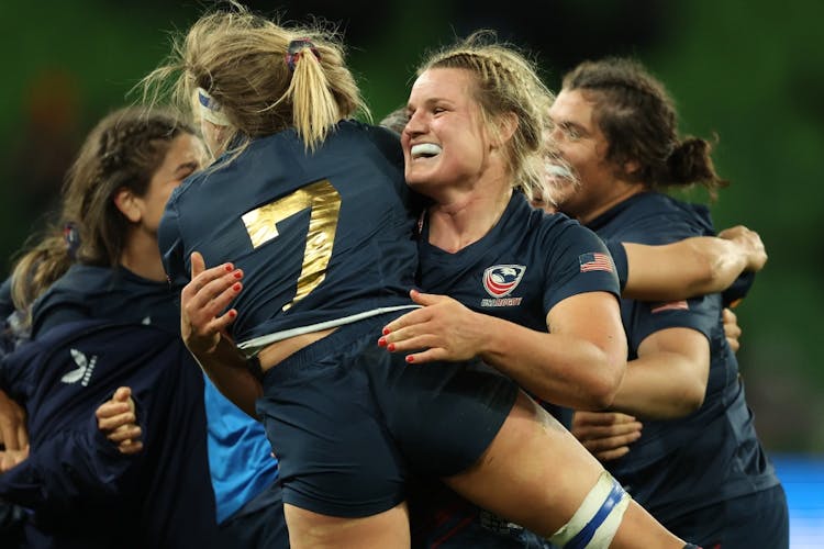 The Americans celebrate a huge win over the Wallaroos. Photo: Getty Images