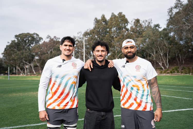 Darcy Swain, Lukhan Salakaia-Loto and Richmond FC's Mykelti Lefau. Source: Rugby Australia
