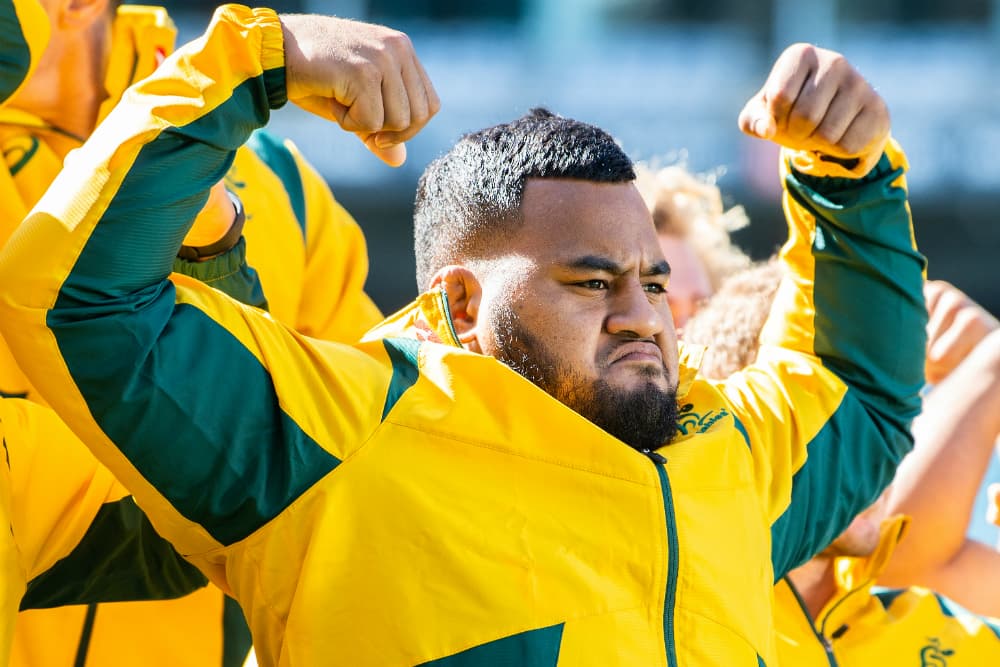 Wallabies prop Taniela Tupou flexes up ahead of the Bledisloe Cup. Photo: RUGBY.com.au/Stuart Walmsley