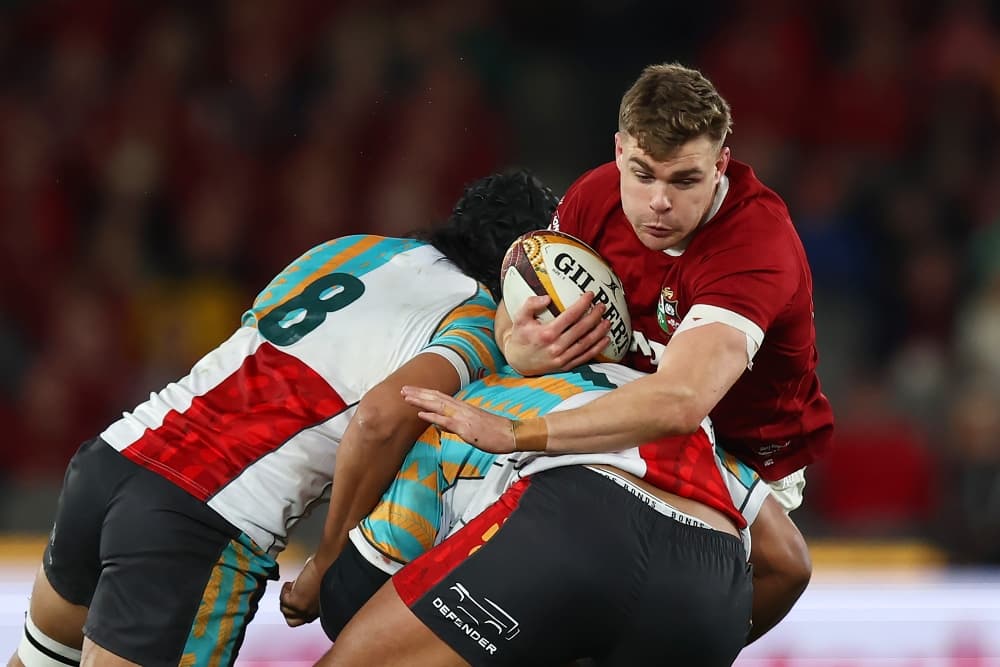 Lington Ieli makes a tackle for the First Nations Pasifika XV against the British & Irish Lions. Photo: Getty Images
