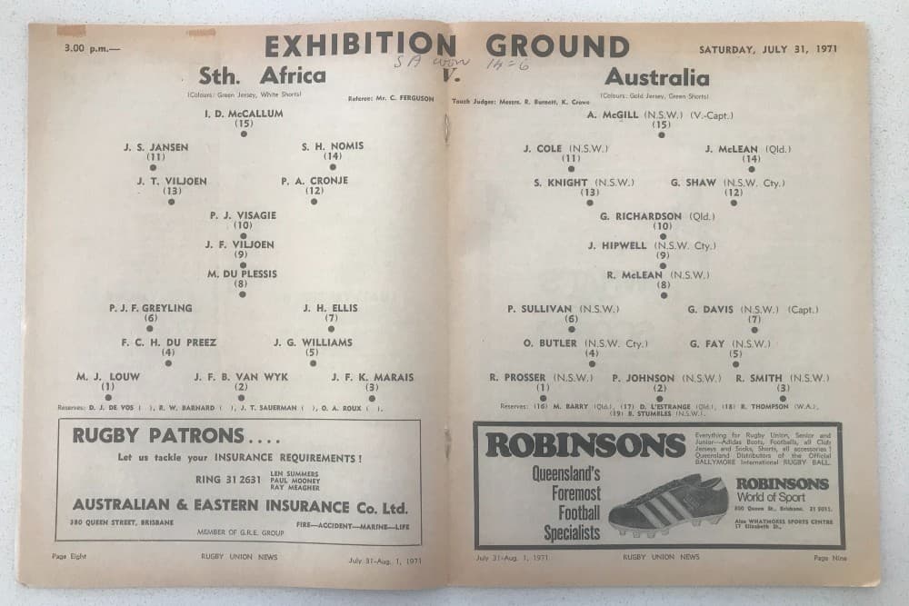 The teams for South Africa and Australia during the 1971 Test at the exhibition ground. Photo: Supplied