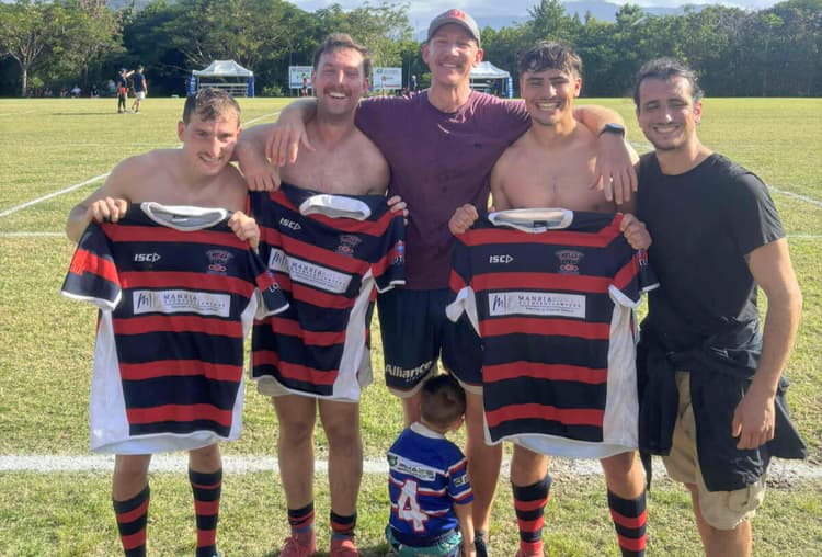 French flavour at the Bulls…(from left) Odalrik Brot, Aime Lieutaud, club stalwart Damien Spann, Tom Benoit and Arthur Vaumuz with young fan Conor Spann (No.4)