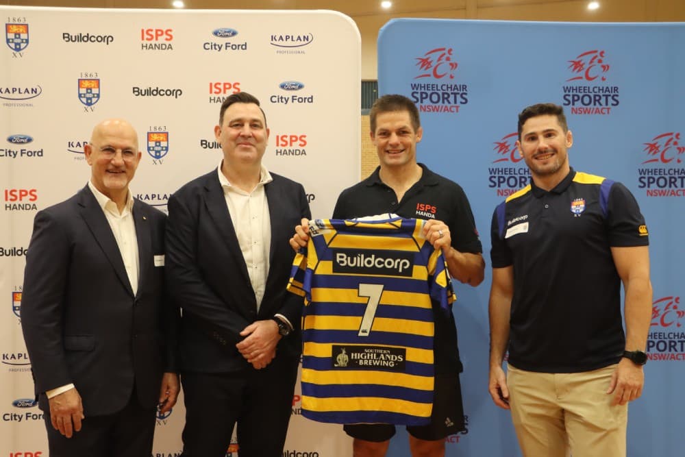 Richie McCaw with the famous Sydney Uni seven jersey alongside Tony Sukkar, Nathan Charles and David Lyons