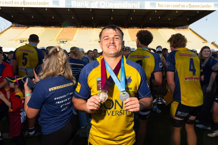 Bond Uni skipper Tyler Campbell celebrates after his best-on-ground performance in the 2025 StoreLocal Hospital Cup final. Picture: Erick Lucero/QRU Media