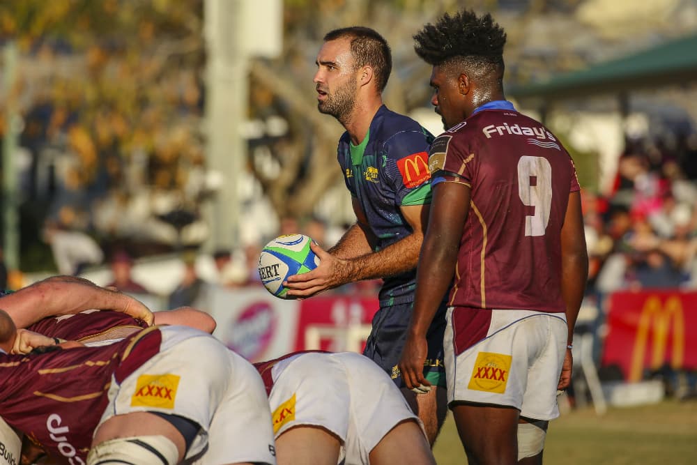 Nick Frisby and Moses Sorovi went head to head on Saturday. Photo: QRU Media/Brendan Hertel