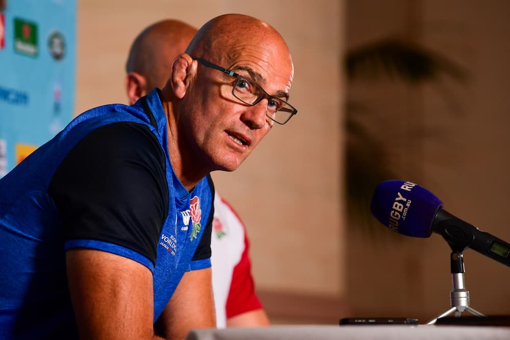 John Mitchell talks to media at the England team hotel in Beppu. Photo: RUGBY.com.au/Stuart Walmsley