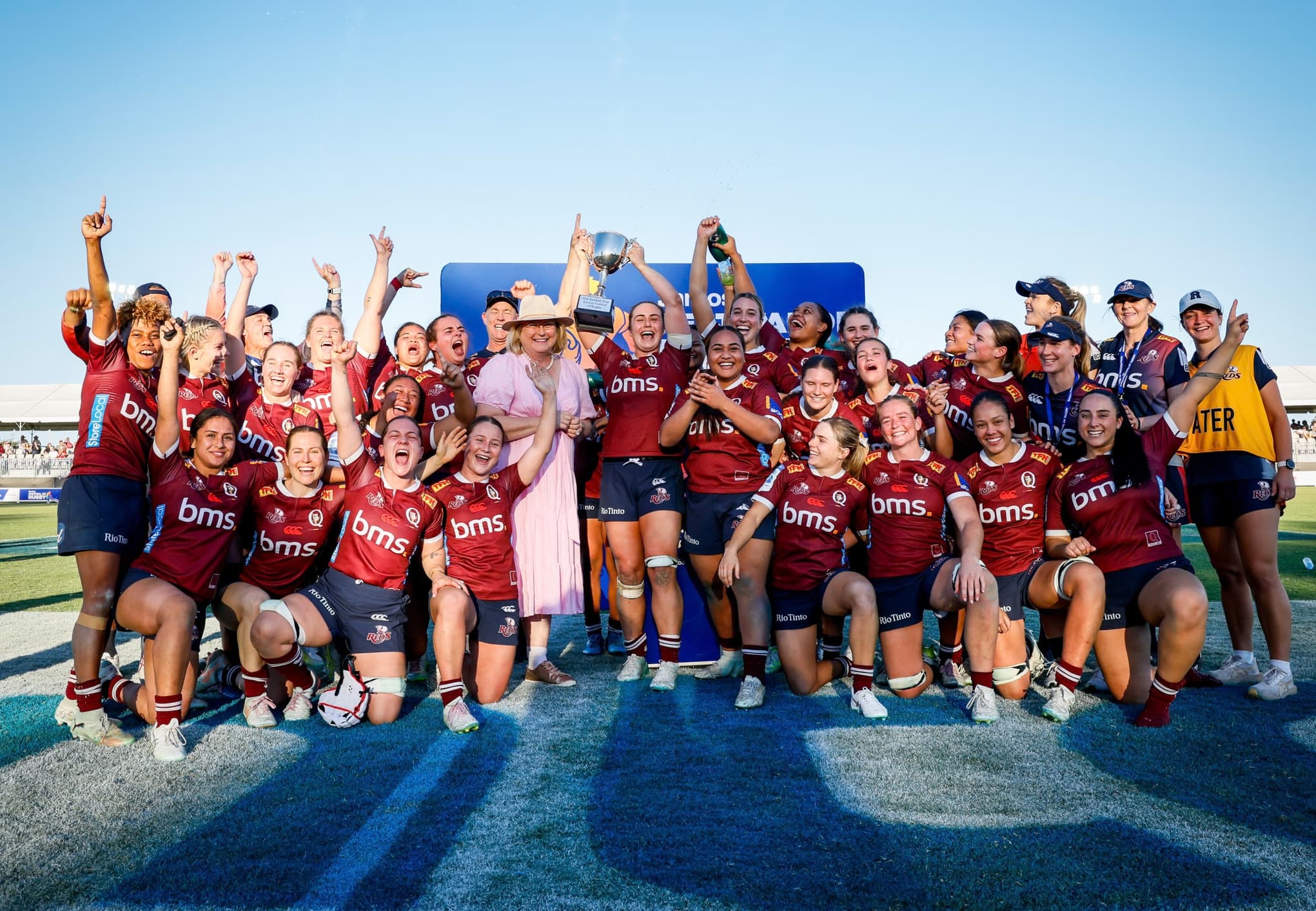 The Reds women celebrate with the Santos Cup after a big win in Roma today