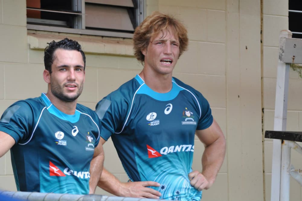 Brandon Quinn and Jesse Parahi feel the heat. Photo: Hottest Sevens Media