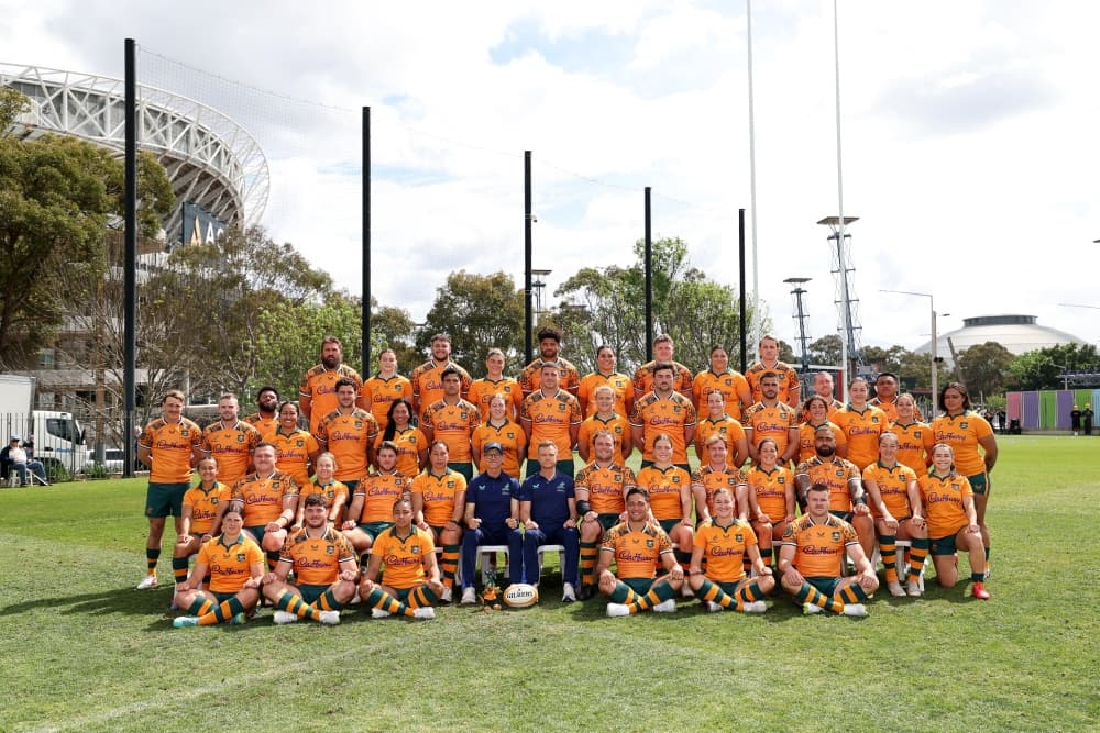 The Wallabies and Wallaroos together before Saturday's Quad Header, with the Sevens teams preparing for their matches on Friday. Photo: Getty Images