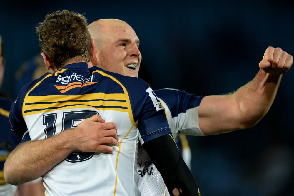 Stephen Moore celebrates the Brumbies' semi-final win over the Bulls in Pretoria in 2013. Photo: Getty Images